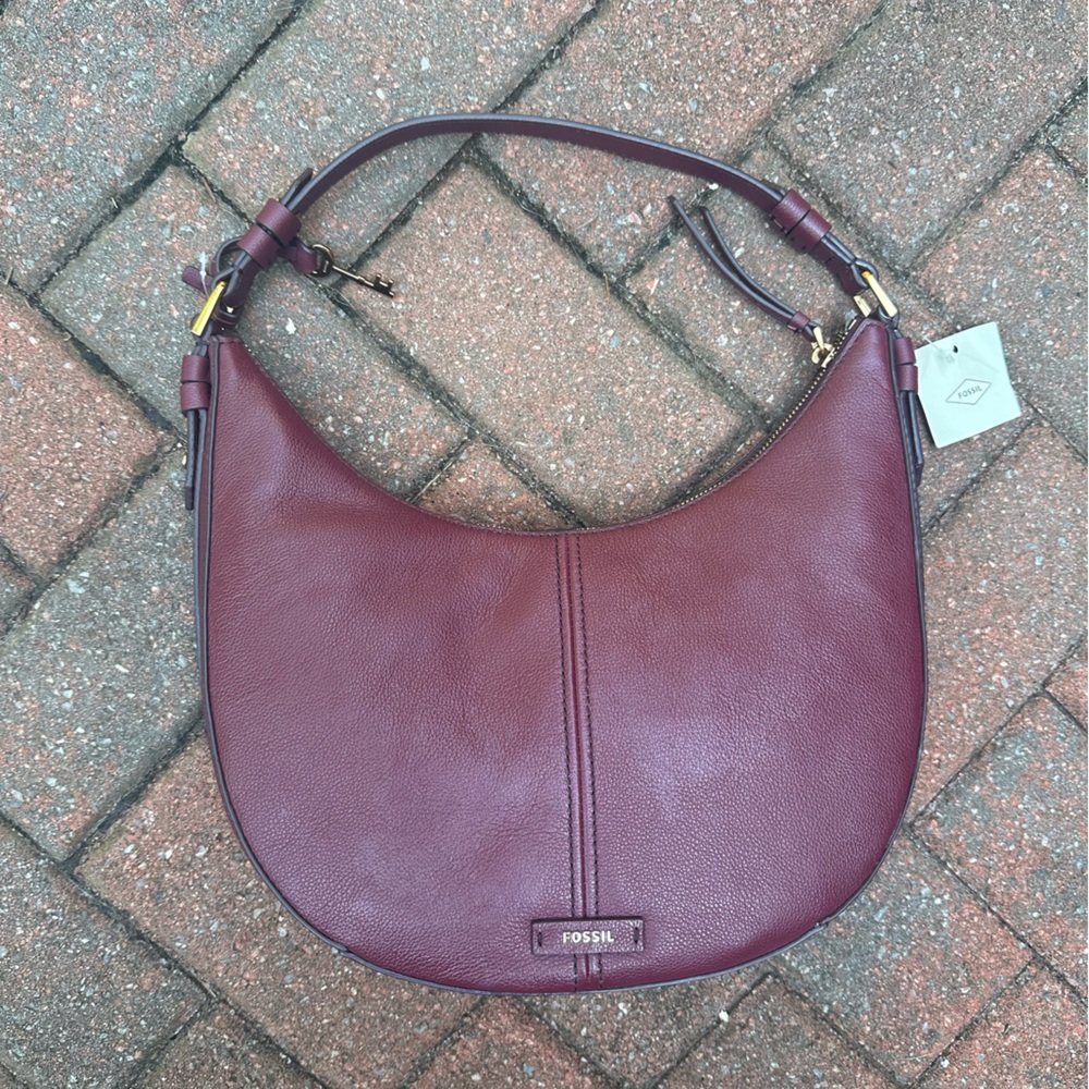 Fossil Burgundy Leather Shoulder Bag with Crescent Design